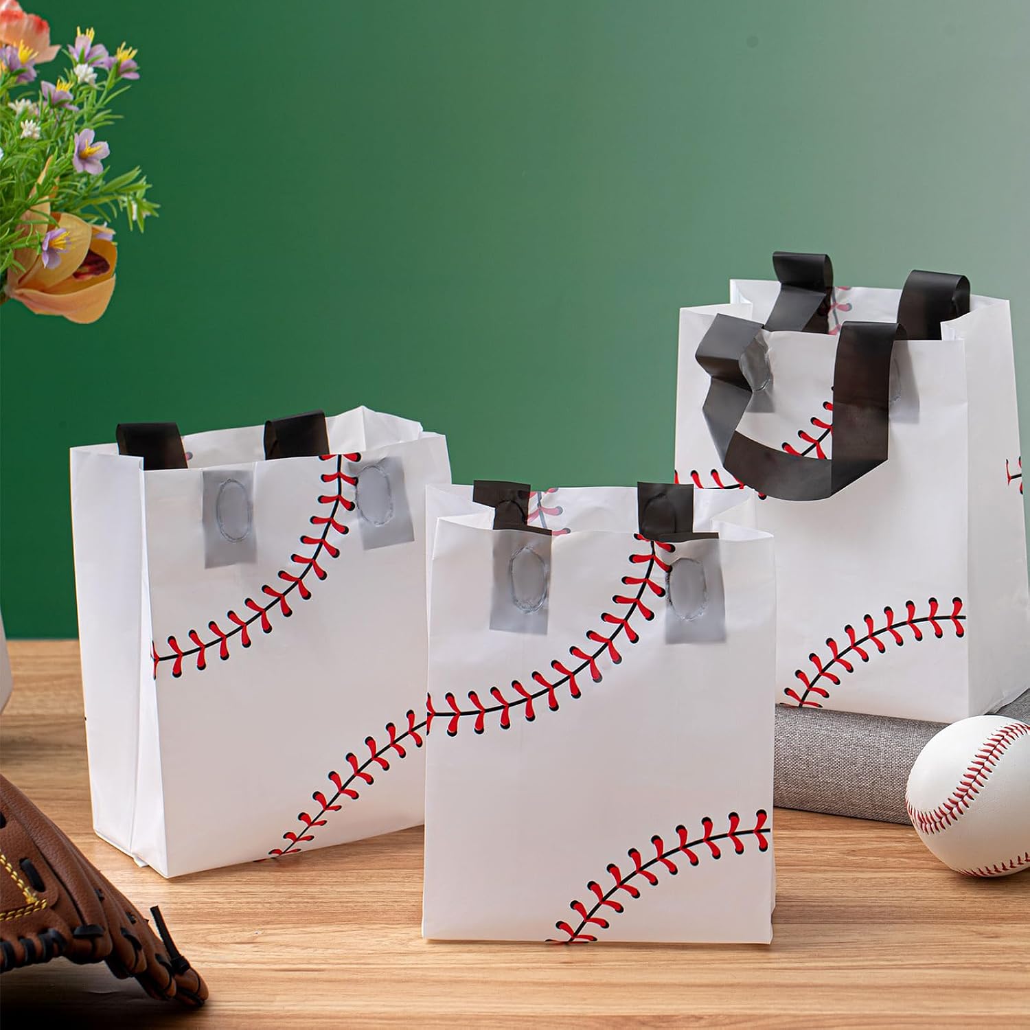 Flutesan 50 Pcs Baseball Party Favor Bags 6 x 8 Inch Plastic Baseball Snack Goodie Bags Tote Gift Packaging for Kids Boys Birthday Sports Theme Party Supplies