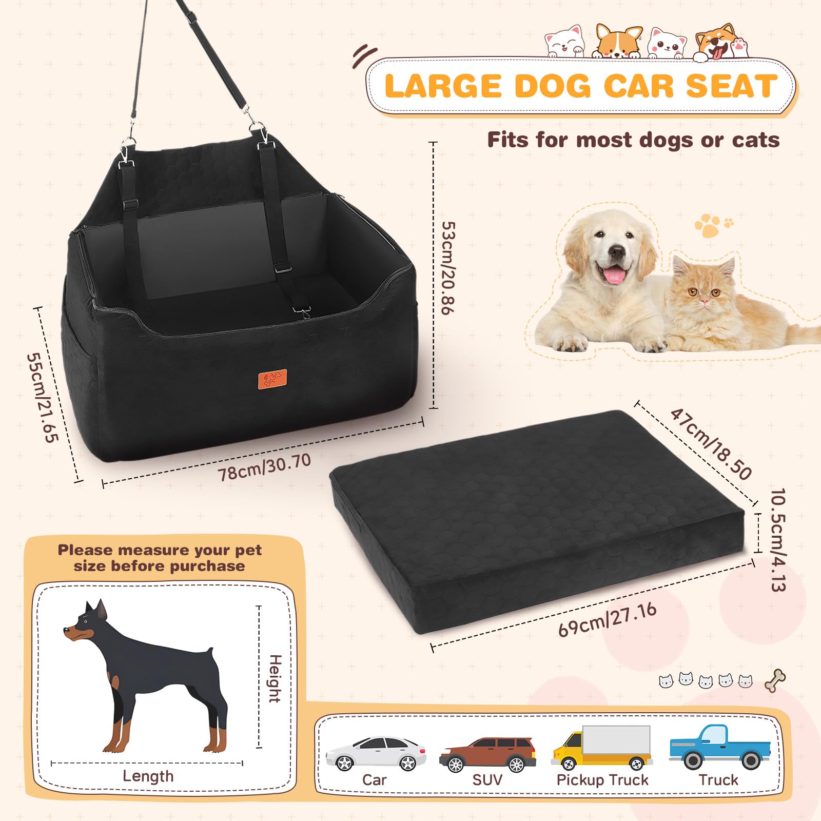 Asiento de Coche para Perros 78x55x53CM Extraíble Lavable Impermeable Negro