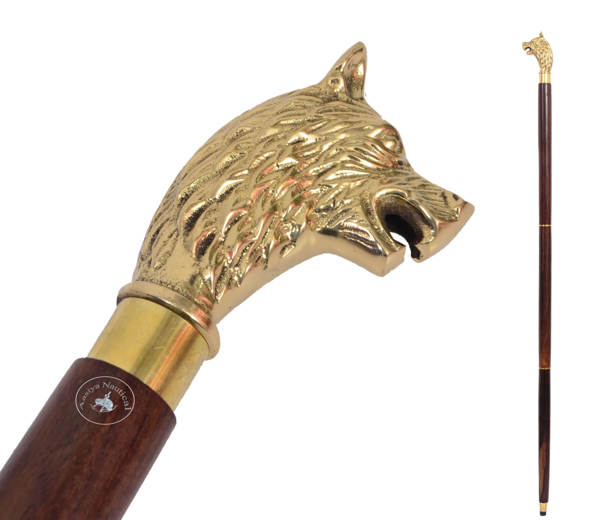 Aasiya Nautical Wolf Head Brass Handle Walking Stick – Vintage Victorian Design Walking Cane