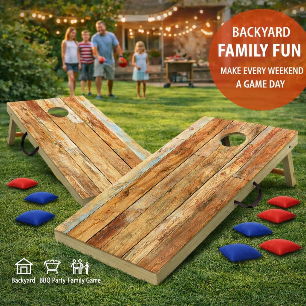 Solid Cornhole Boards Set 4x2FT Regulation Size, Solid Wood Outdoor Corn Hole Game for Adults & Family, Waterproof All Weather with 8 Bean Bags & Carry Bag for Backyard Tailgate Beach Oak/Vintage/DIY