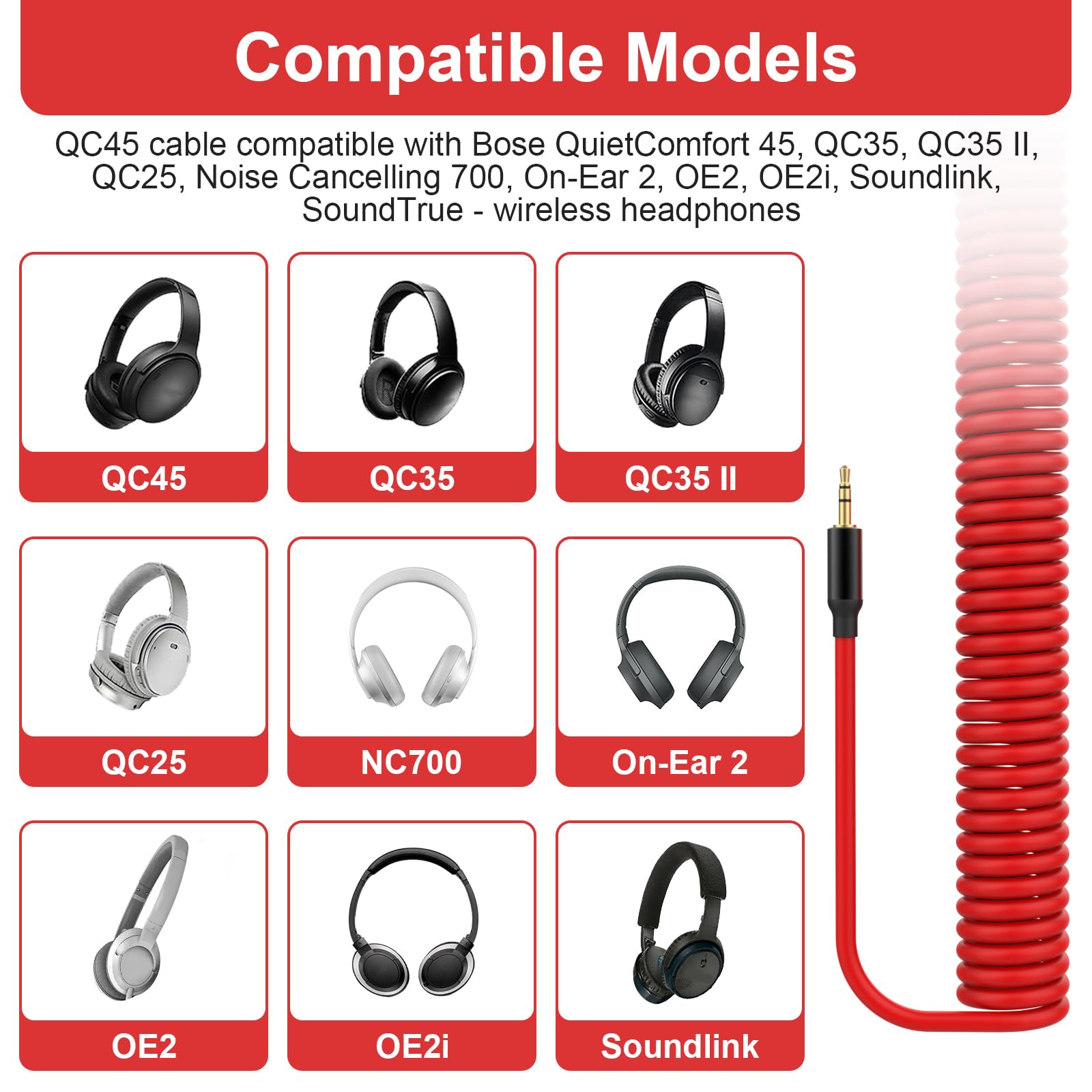 QC45 - Cable de audio en espiral compatible con auriculares Bose QuietComfort, QuietComfort Ultra, QC45, QC35, QC35 II, QC25, NC700, cable auxiliar de 2,5 mm a 3,5 mm con adaptador de 6,35 mm