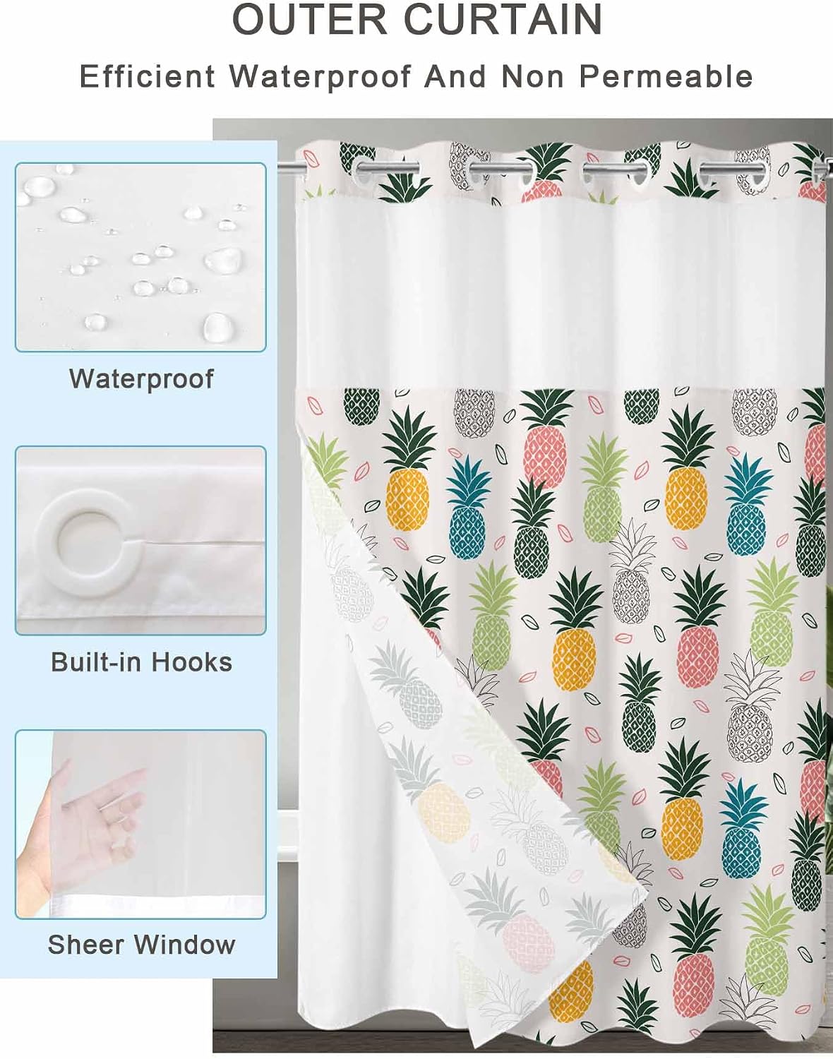 Prime Leader Pink Green Blue Pineapple No Hook Shower Curtain with Snap in Liner Colorful Tropical Fruit Leaf Shower Curtain for Bathroom, Fabric Waterproof Inner Liner with Mesh Top Window, 72x72