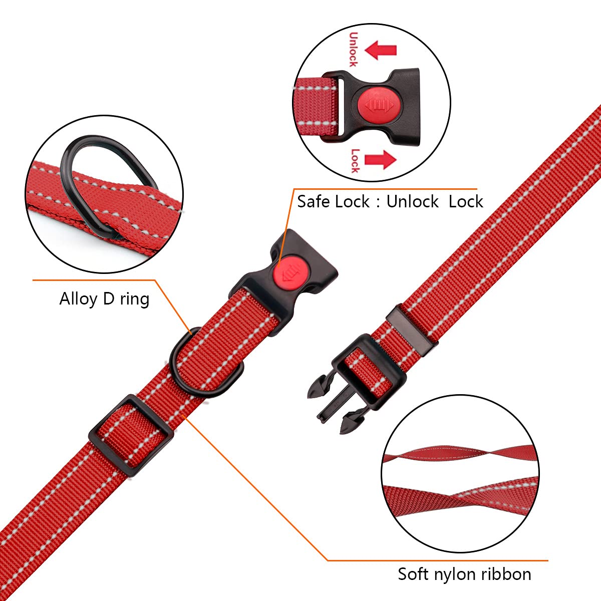 Reflective Dog Collar and Leash Set with Safety Locking Buckle Nylon Pet Collars Adjustable for Small Medium Large Dogs 3 Sizes(Red&S)