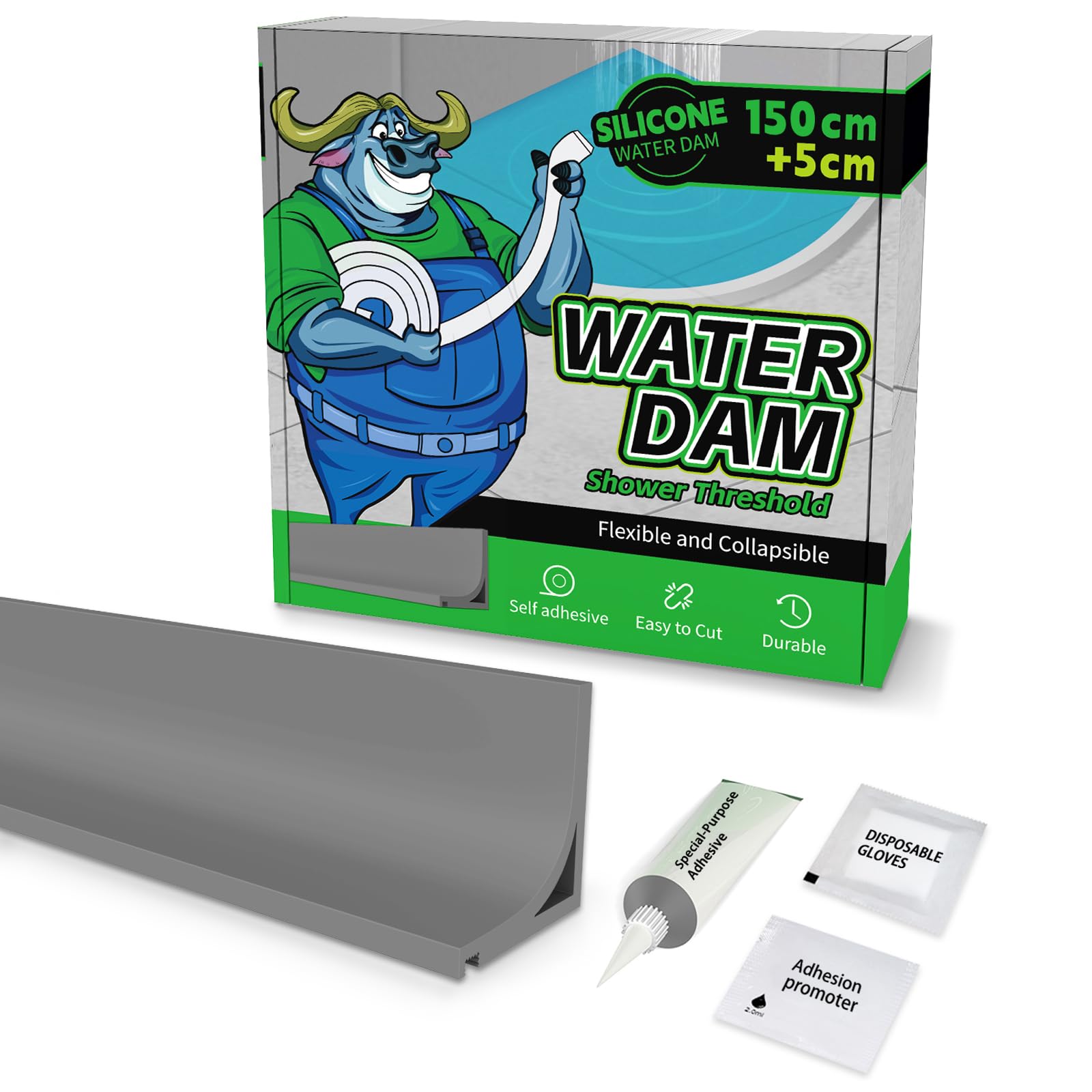 Alitaiyi Grey Wet Room Floor Barrier For Shower,Adhesive Shower Water Barrier,Collapsible Silicone Shower Tray Sealing Strip Water Dam,Shower Floor Water Barrier For Bathroom,Shower Door Seal Strip