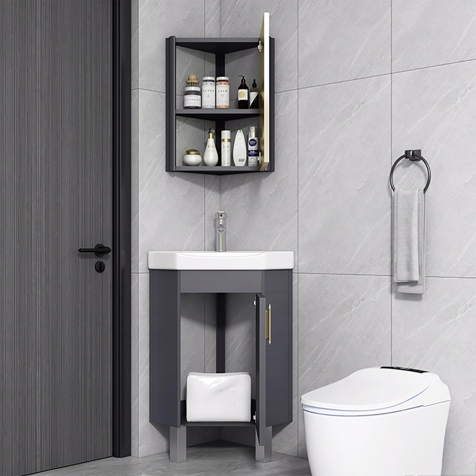 Lavabo de baño esquinero que ahorra espacio, tocador montado en el suelo con almacenamiento, perfecto para baños pequeños y balcones (15in / 38 cm), diseño elegante y funcional