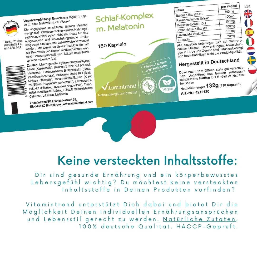 Vitamintrend Schlaf-Komplex mit Melatonin, 180 Kapseln, Baldrian-, Passionsblumen-, Melissen-, Johanniskraut-, Lavendel-Extrakt, hochdosiert, vegan ohne Magnesiumstearat, in Deutschland hergestellt