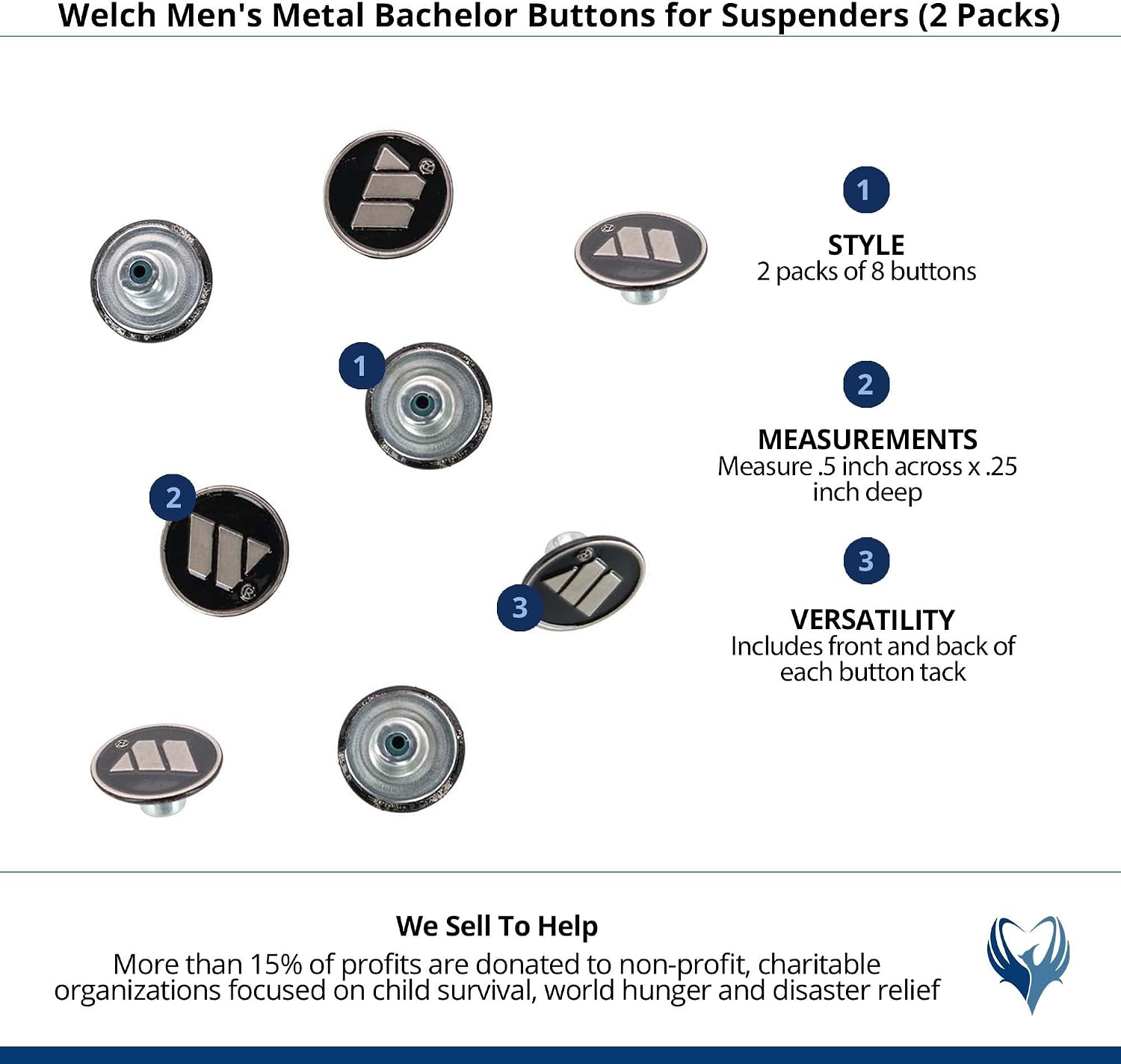Welch Men's Metal Bachelor Buttons for Suspenders (2 Packs), Silver and Black