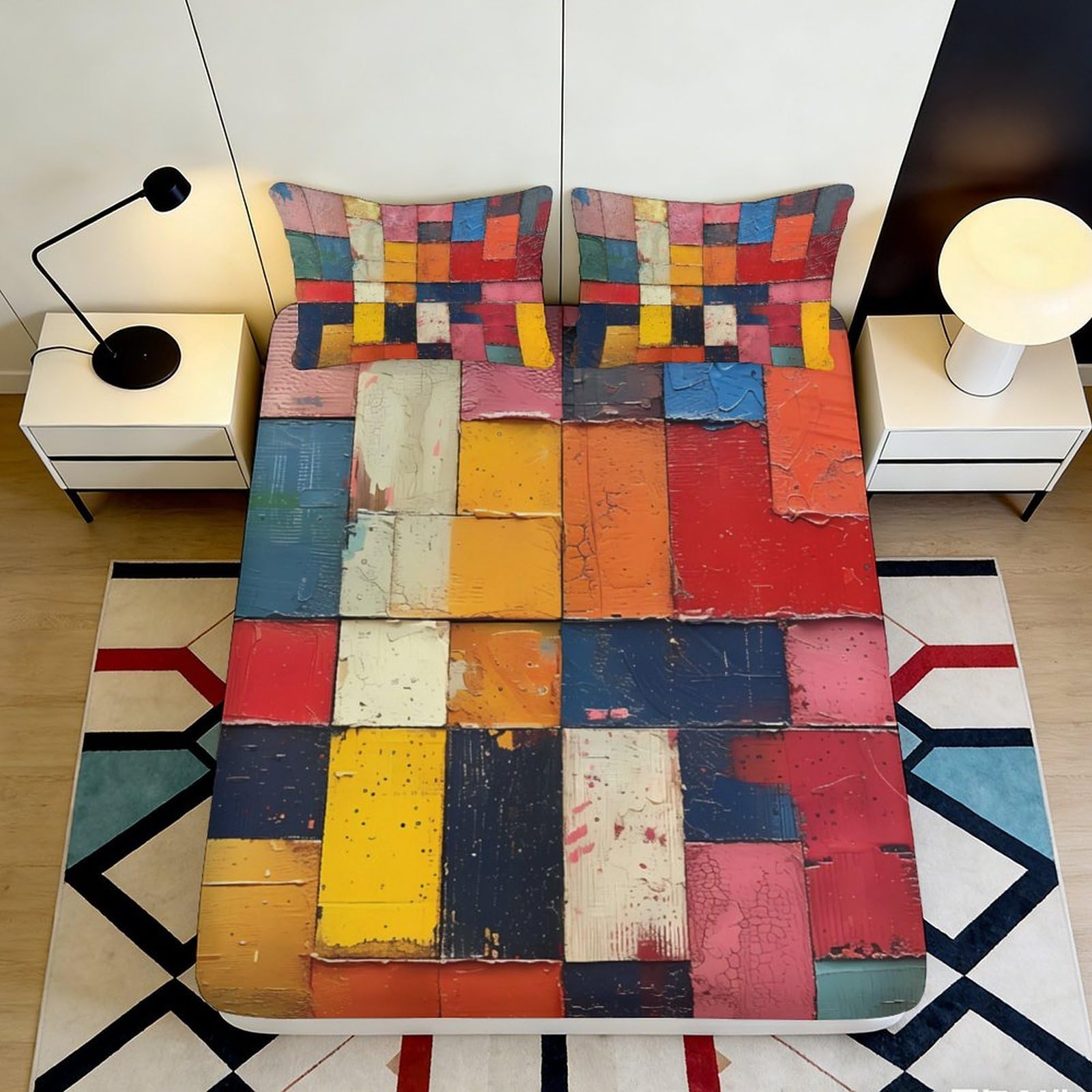 3D Printed Abstract Patchwork Fitted Sheet Microfiber Colorful Block Mattress Cover for Bedroom Dorm Decor 90x200x25cm