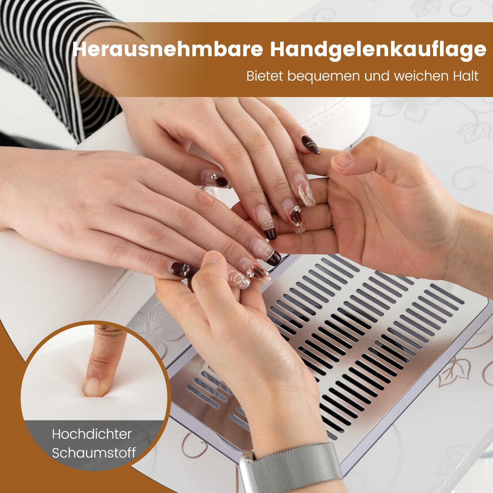 COSTWAY Maniküretisch klappbar, Nageltisch mit elektrischem Staubsammler, LED-Lampe, Handgelenkauflage, Tragetasche & Rollen, Maniküre Tisch Marmor Optik (Weiß)