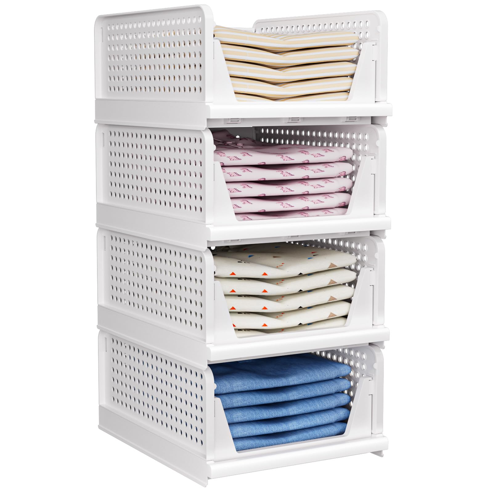 Foldable Closet Organizer, 4 Pack Stackable Storage Boxes, Plastic Storage Baskets, Drawers for Bedroom, Kitchen and Bathroom Organization, White
