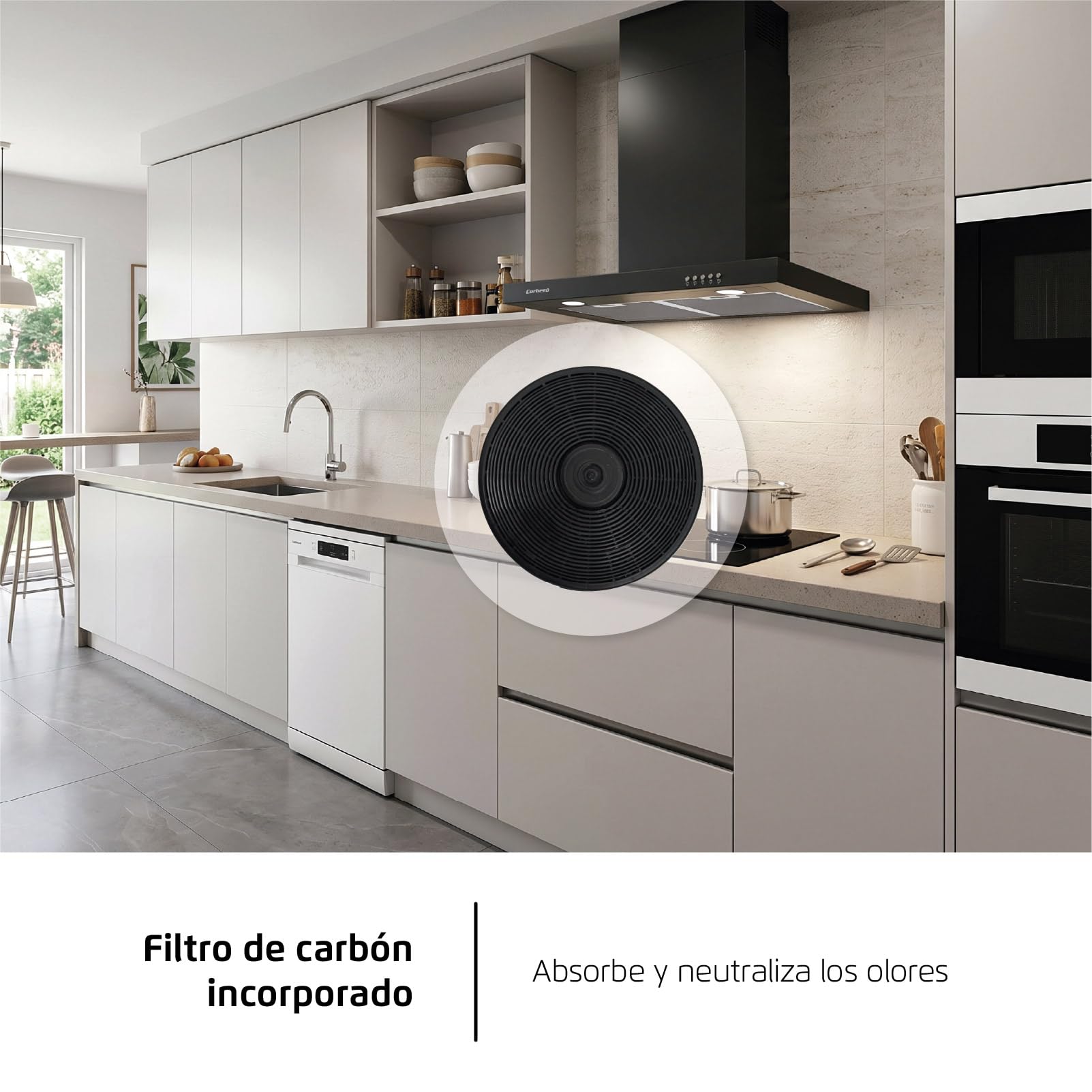 Corberó - Dekoracyjny dzwonek poziomy 60 cm | VOSTOK660B | 647,7 m3/h Przepływ | 165W | 3 prędkości | 2 filtry aluminiowe i węglowe | Efektywność energetyczna A, czarny