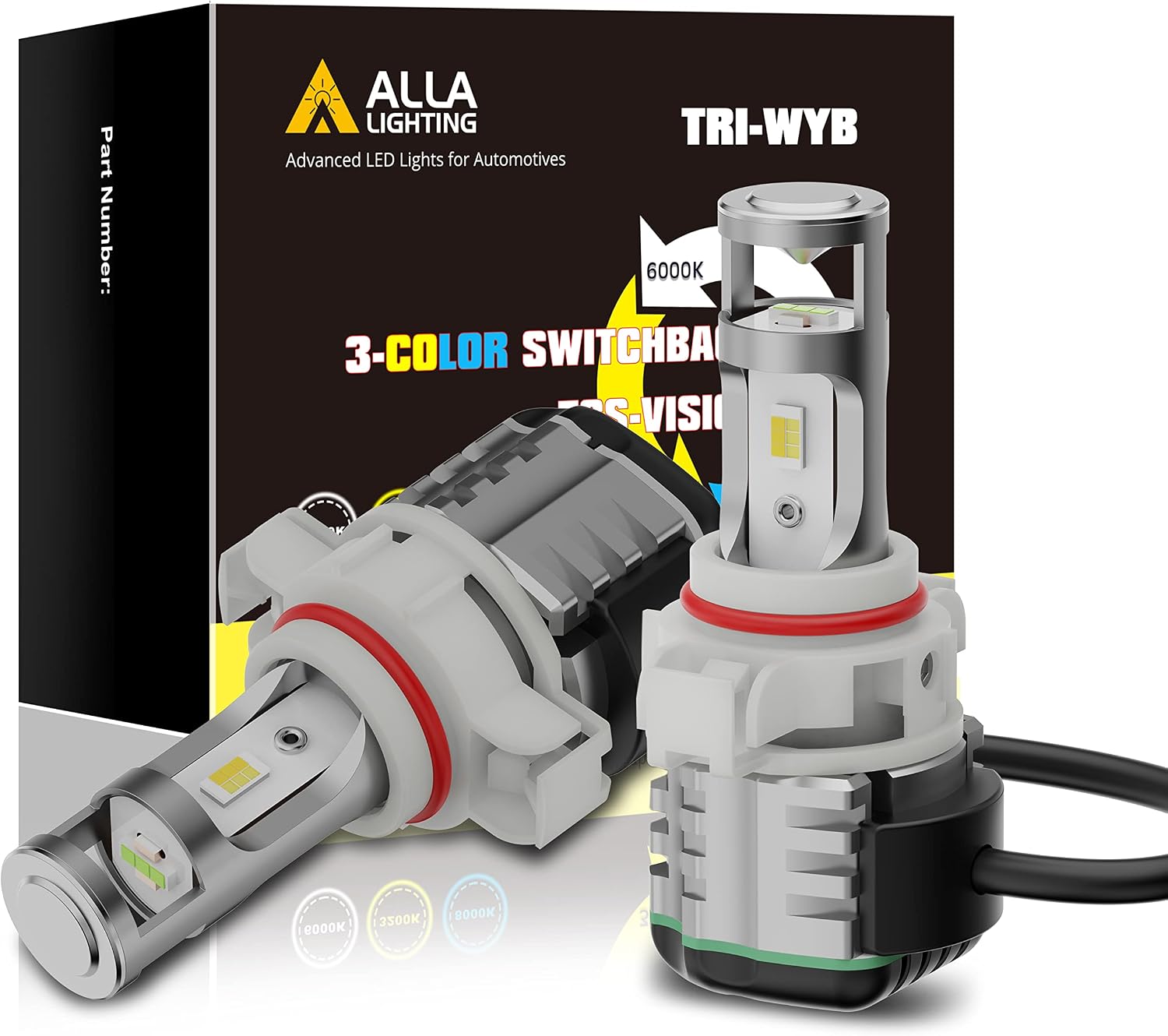 Alla Lighting 5200 Lms 3-Color Switchback LED 5201 DRL 5202 PS19W Fog Lights Bulbs 9009 PS24W FF, Extremely Super Bright 6000K White/3000K Yellow/8000K Blue