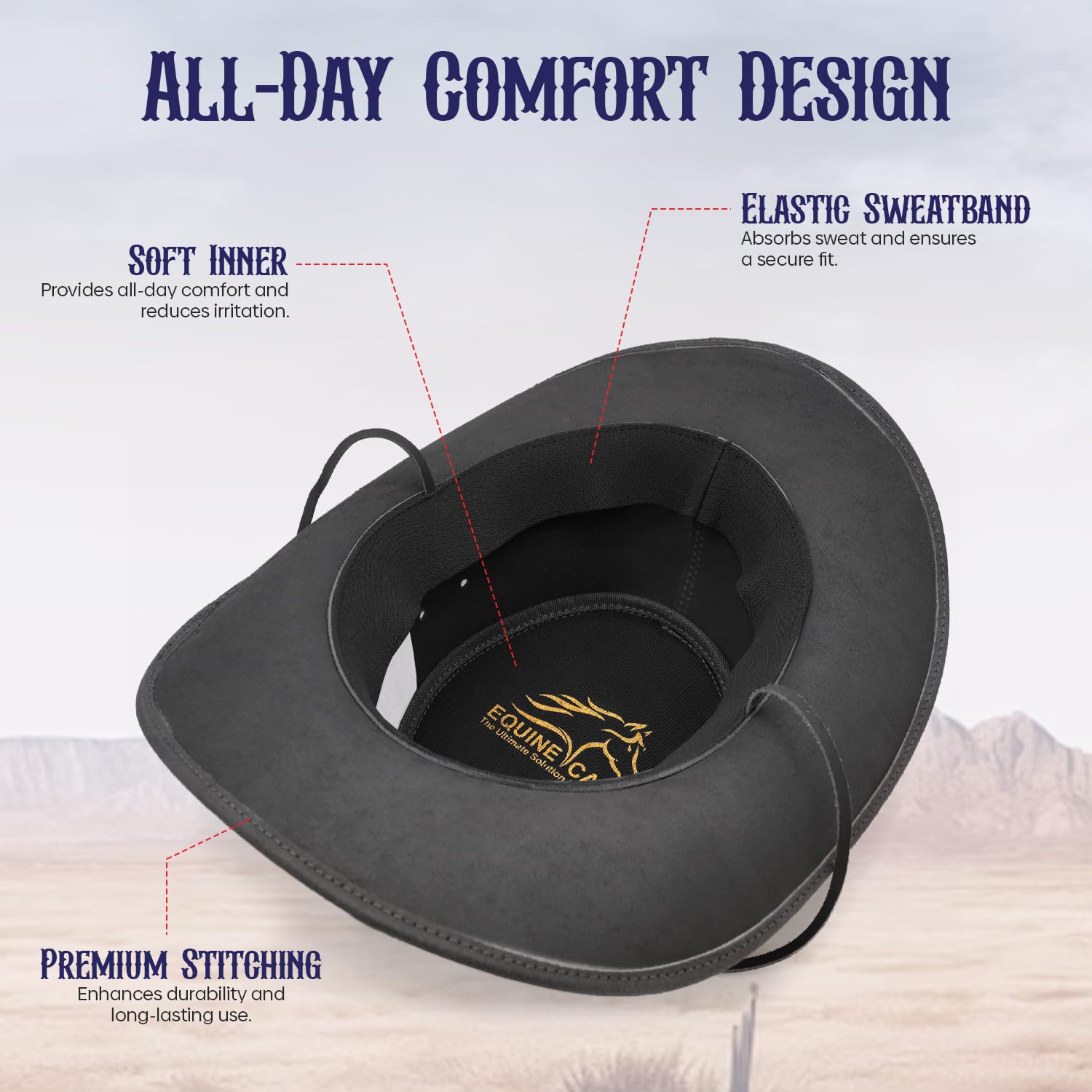 Equine Care Cappello da cowboy in pelle nera (L 58-59 cm) per uomini e donne - Cappello Western Outback in vera pelle bovina spaccata con tesa modellabile da 2,7 ″, banda concho decorativa, cappello