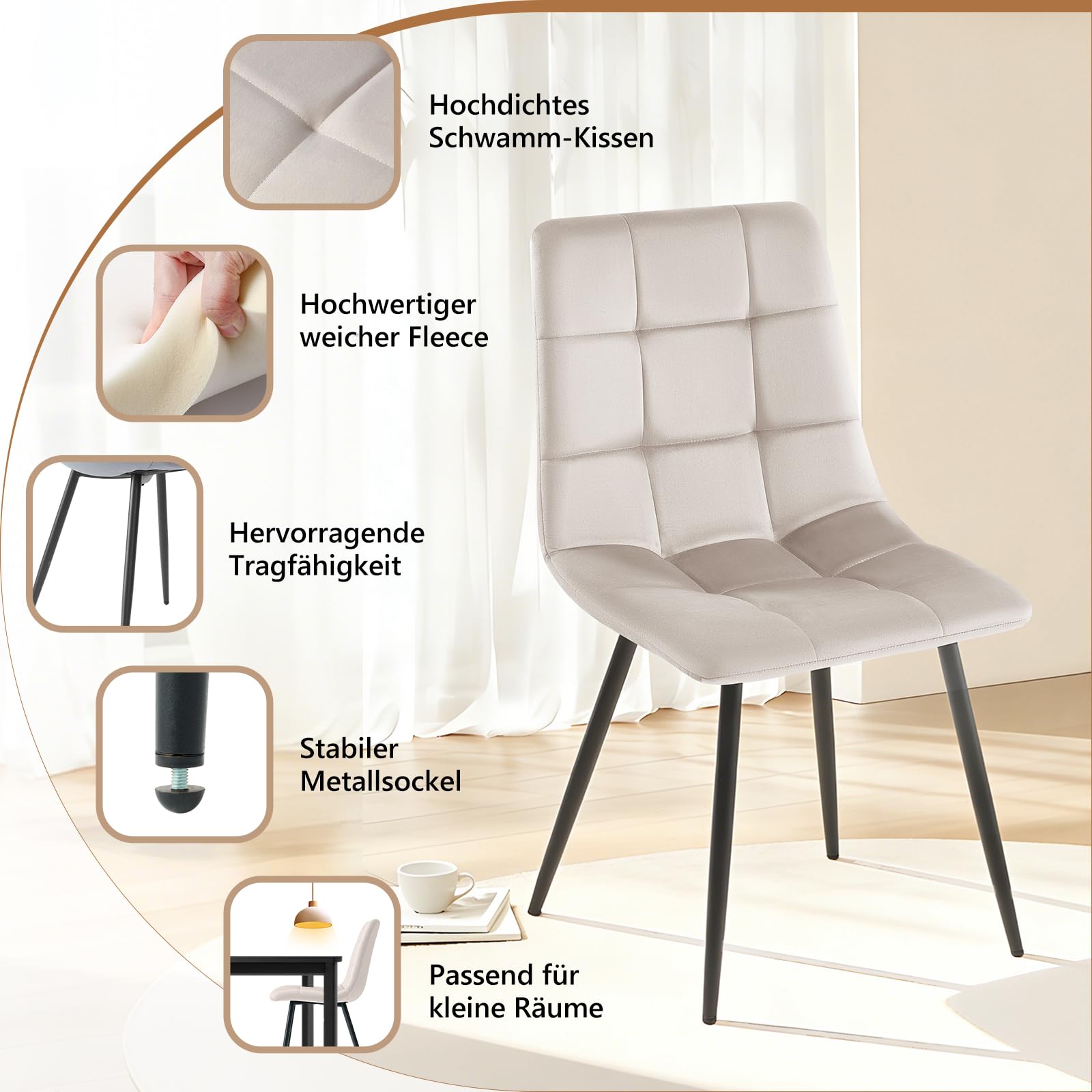 Sweetcrispy Silla de Comedor, Silla de Cocina con Patas de Metal, Silla de Comedor de Terciopelo sin reposabrazos, sillas Modernas para Comedor, 2 Piezas, Gris Claro — view 4