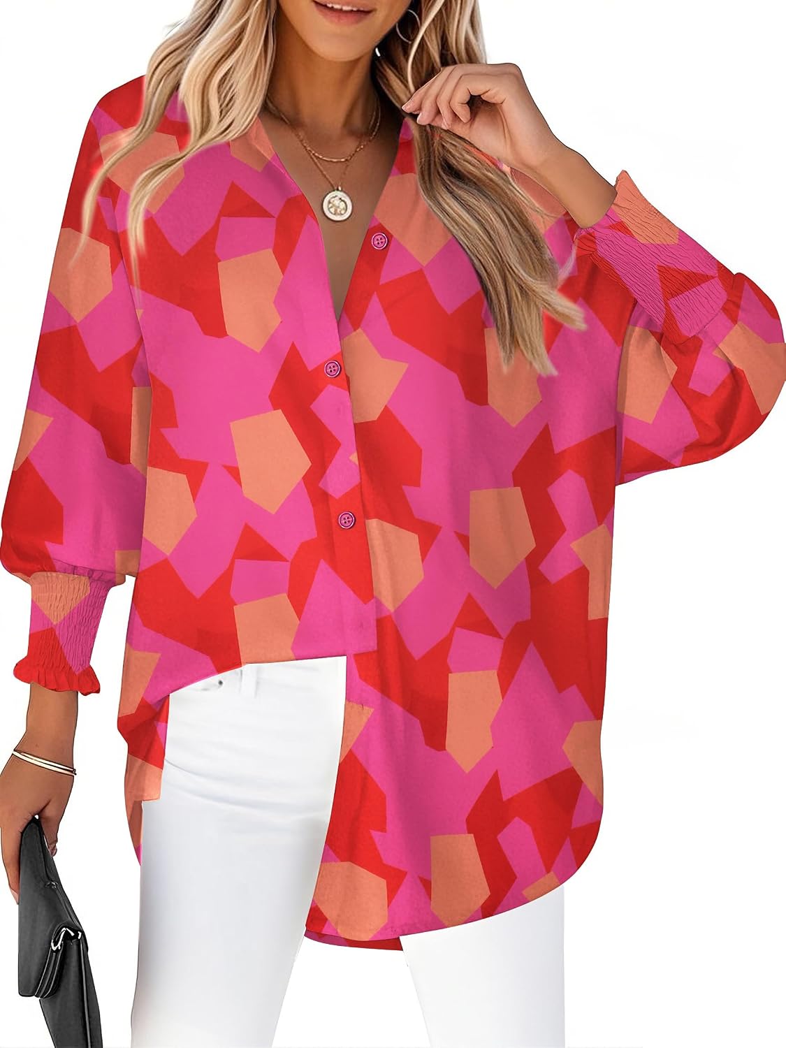 Zeagoo Women's Loose Fit Striped Lantern Long Sleeve Button Down Shirt