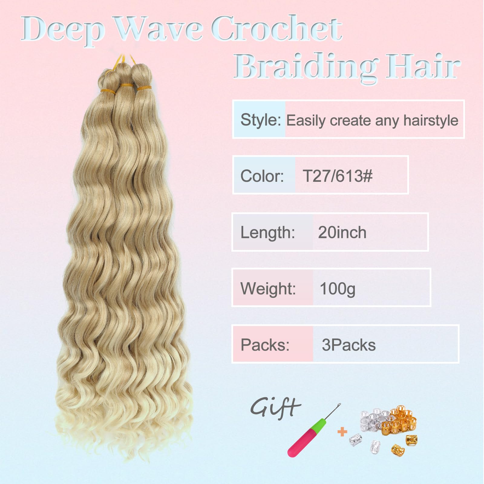 MLETULIPS Curly Crochet Braiding Hair Extensions Deep Wave Braiding Hair Ocean Wave Crochet Hair Soft Synthetic Bohemian Curly Water Wave Crochet Braids for Women (T27/613# - Image 2