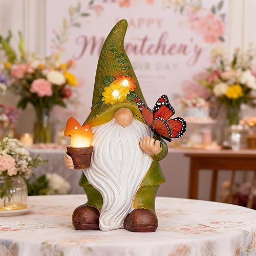 Miniatura 5 de Gnomos de jardín al aire libre, gnomo de resina con luces solares para exteriores, hongos decorativos y mariposas vívidas, gnomos de primavera para