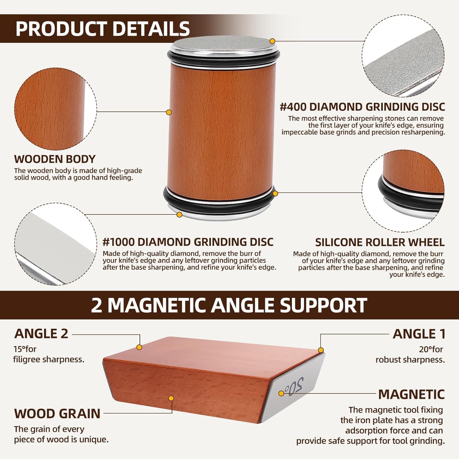 Rolling Knife Sharpener Kit - Compact Wooden Sharpener with 15° & 20° Magnetic Angle | Diamond Disc Knife Honing Tool | Professional Kitchen Use | Safe Sharpening for Home Cooking