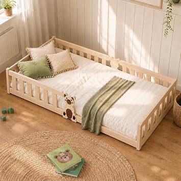 Toddler Floor Bed 205x95cm, Solid Pine Montessori Bed with Guardrails