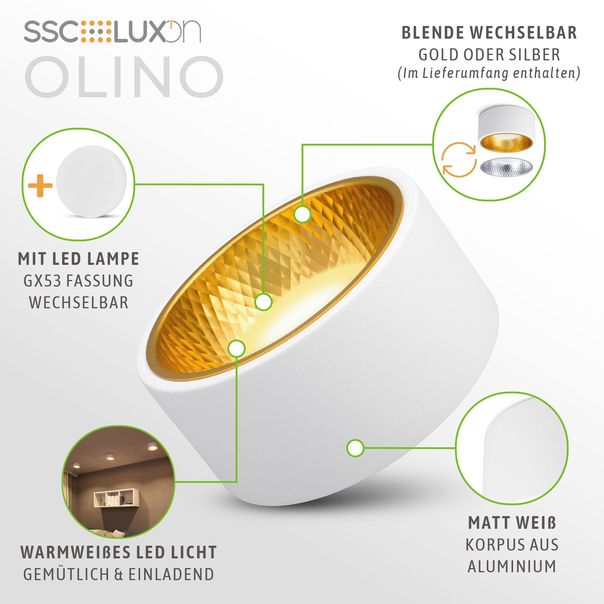SSC-LUXon 4 Stück OLINO Deckenlampe weiß rund wechselbare Front gold + silber - Aufbaustrahler warmweiß mit LED Lampe GX53 230V