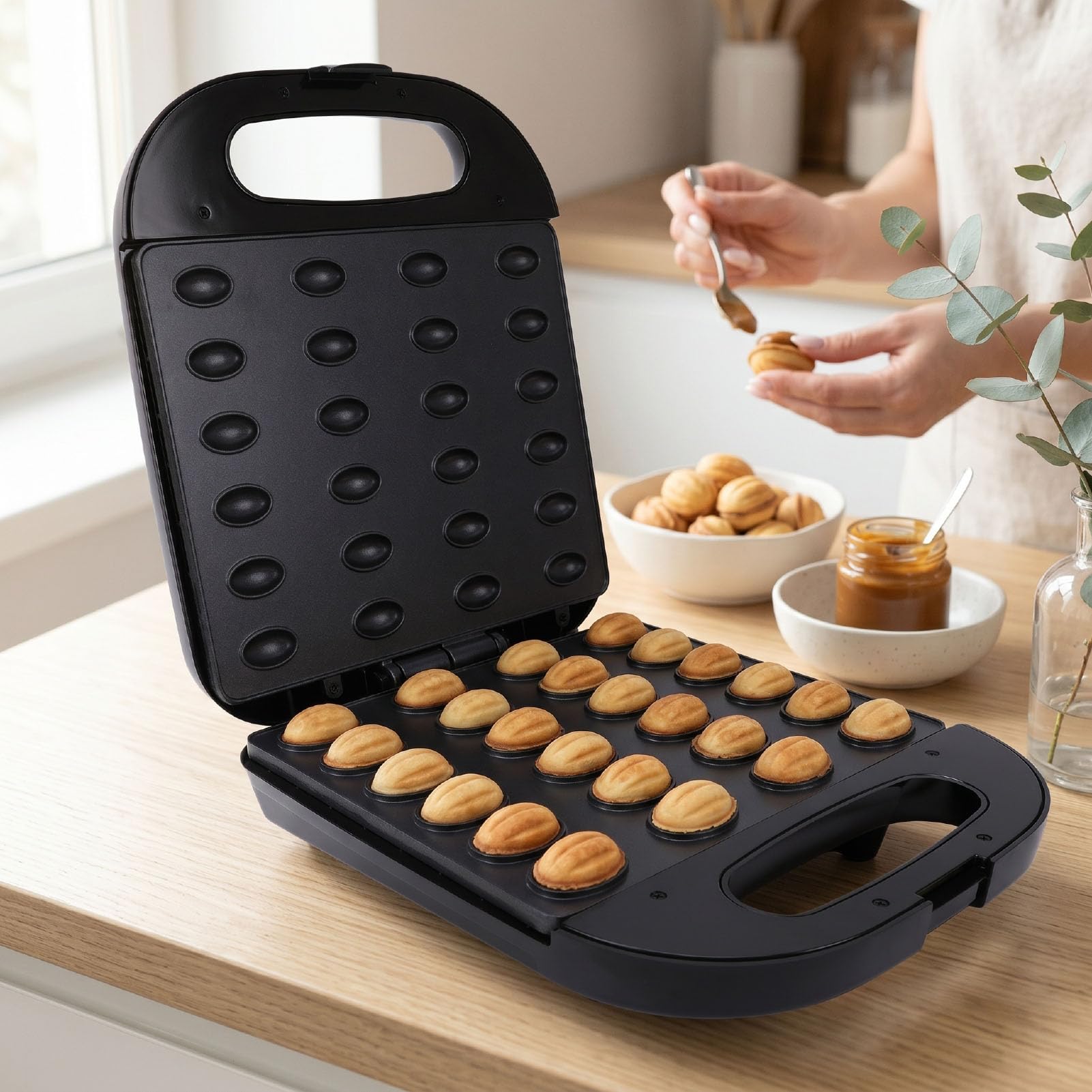 Elektrischer Kegelbäcker, 1400 W, Walnuss-Kuchenform, Antihaftbeschichtet, Sandwich-Grill-Toaster für Hausgemachte Desserts, Gebäck, Snacks, 24 Kapazitäten, Schnelles Erhitzen, (EU-Stecker