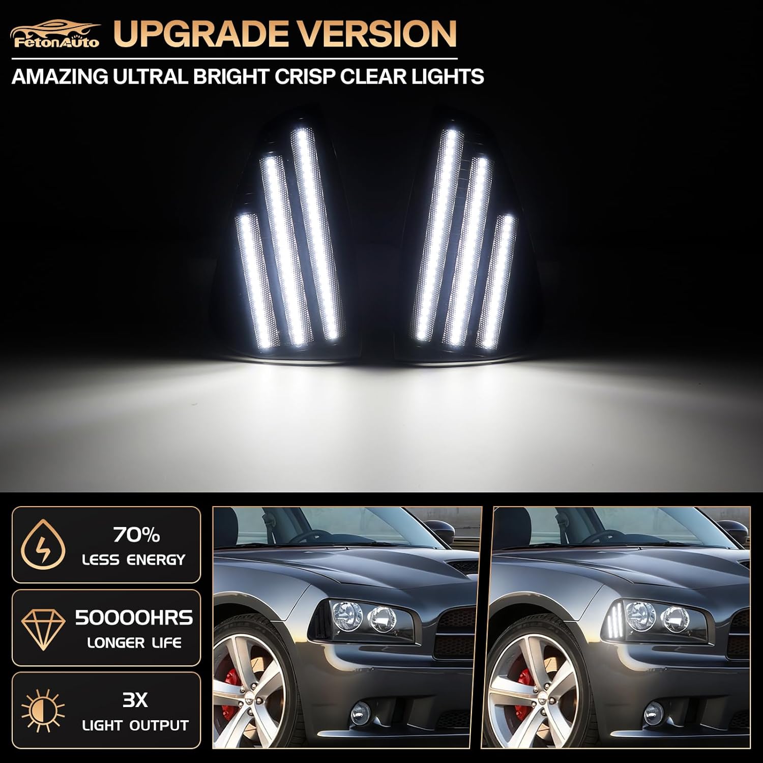 White Front Bumper LED Side Marker Lights Assembly for 2006-2010 Dodge Charger Daytona RT SE SRT8 SXT, Smoked Lens Driver Passenger Corner Signal Lamps