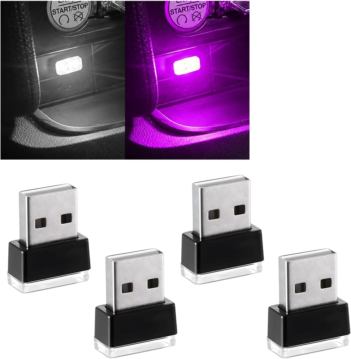 Augeny 4 PCS USB LED Car Interior Atmosphere Lamp, Plug-in USB Decor Night Light, Portable Auto Ambient Lighting Kit, Universal Vehicle Interior Accessories for Most Cars (White & Purple)