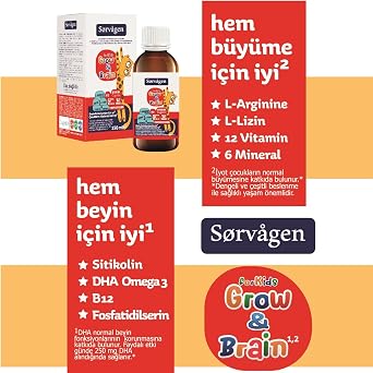 SORVAGEN Grow&Brain L-arjinin, Sitikolin, Fosfatidilserin, DHA Omega 3, B12, L- lizin, Multi Vitamin&Mineral Sıvı 150 ML