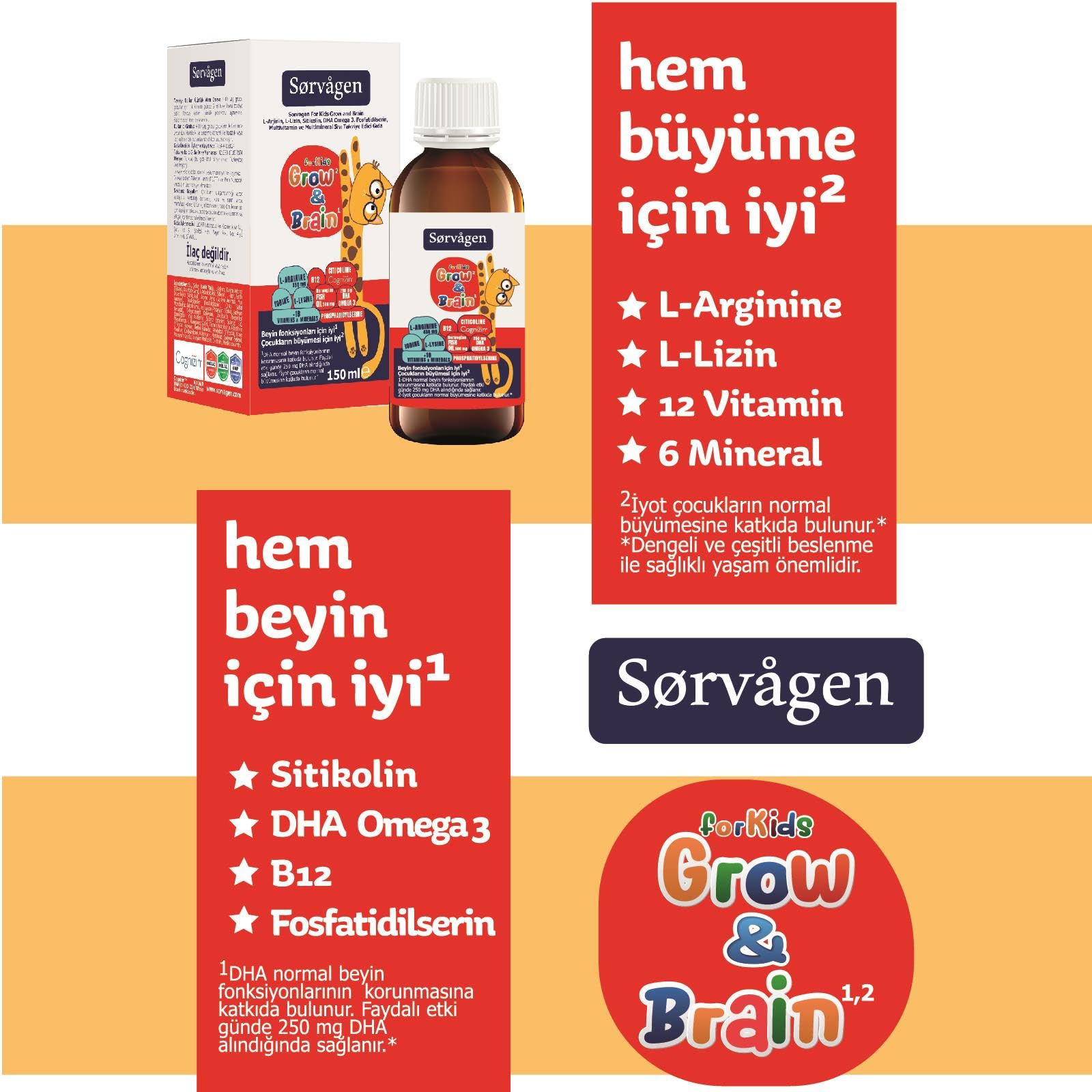 SORVAGEN Grow&Brain L-arjinin, Sitikolin, Fosfatidilserin, DHA Omega 3, B12, L- lizin, Multi Vitamin