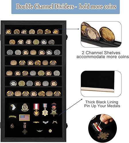 Miniatura 10 de Verani Vitrina de medallas, paquete de 2  Caja de sombra de monedas de desafío militar  Vitrina con estantes extraíbles y fondo pinable para