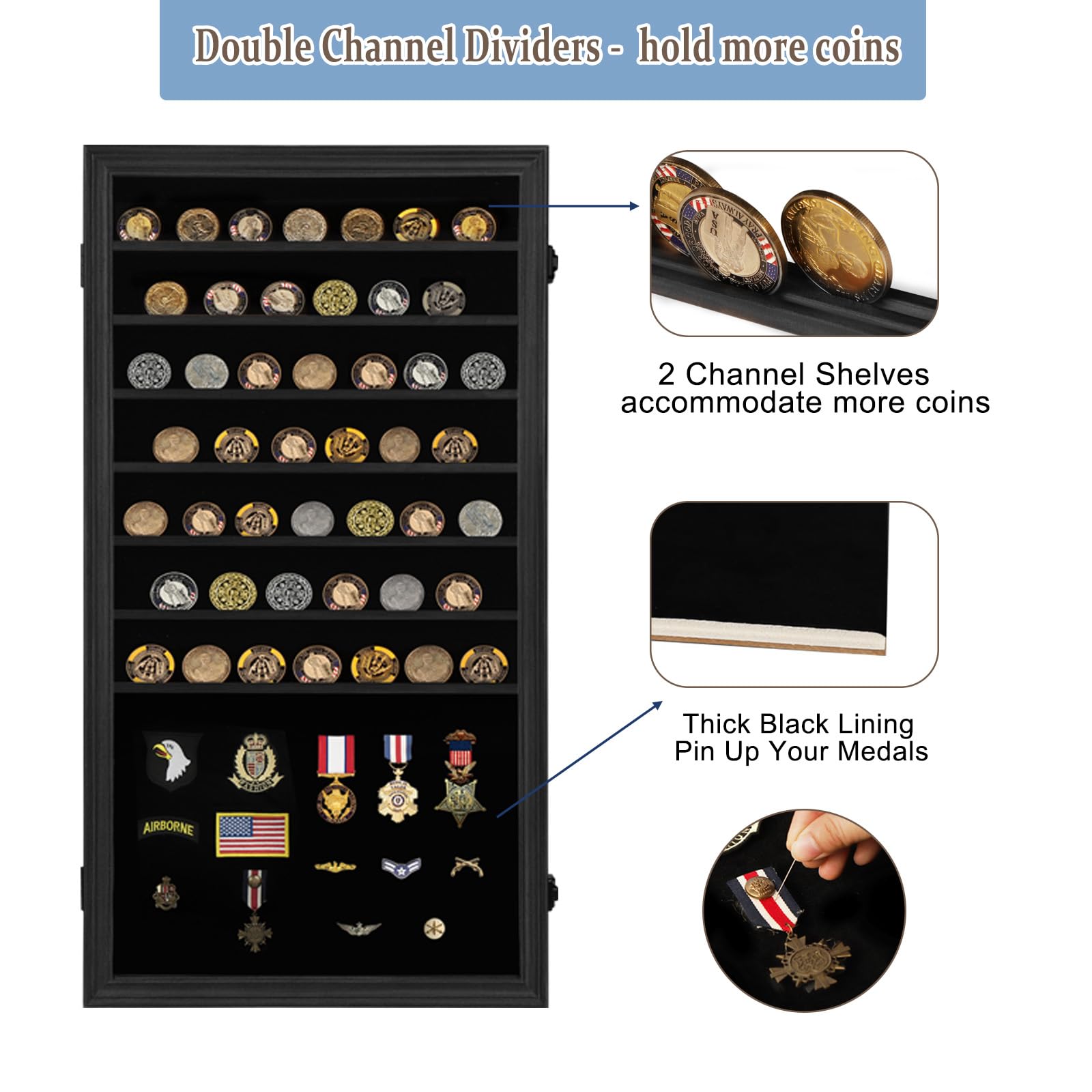 Verani Medaillen-Vitrine – Militärische Herausforderung Münzdisplay Shadow Box – Pin-Vitrine mit herausnehmbaren Regalen und ansteckbarem Hintergrund für Abzeichen, Bänder, Insignia-Knöpfe, Overized | Militärveteranen, Servicemitglieder, Münz- und Nadelsa