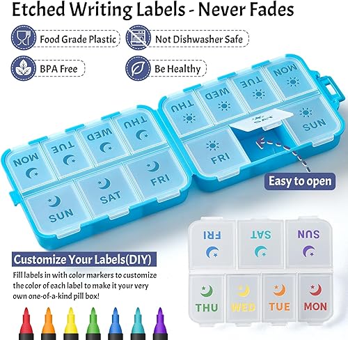 NEW Foldable & Double Protection Portable Weekly Pill Organizer 2 Times A Day with Etched Labels, AM PM 7 Day Week Medicine Box, Daily Travel Pill Case Holder Dispenser for Vitamin, Supplement - Khaki(Blue,AM & PM)