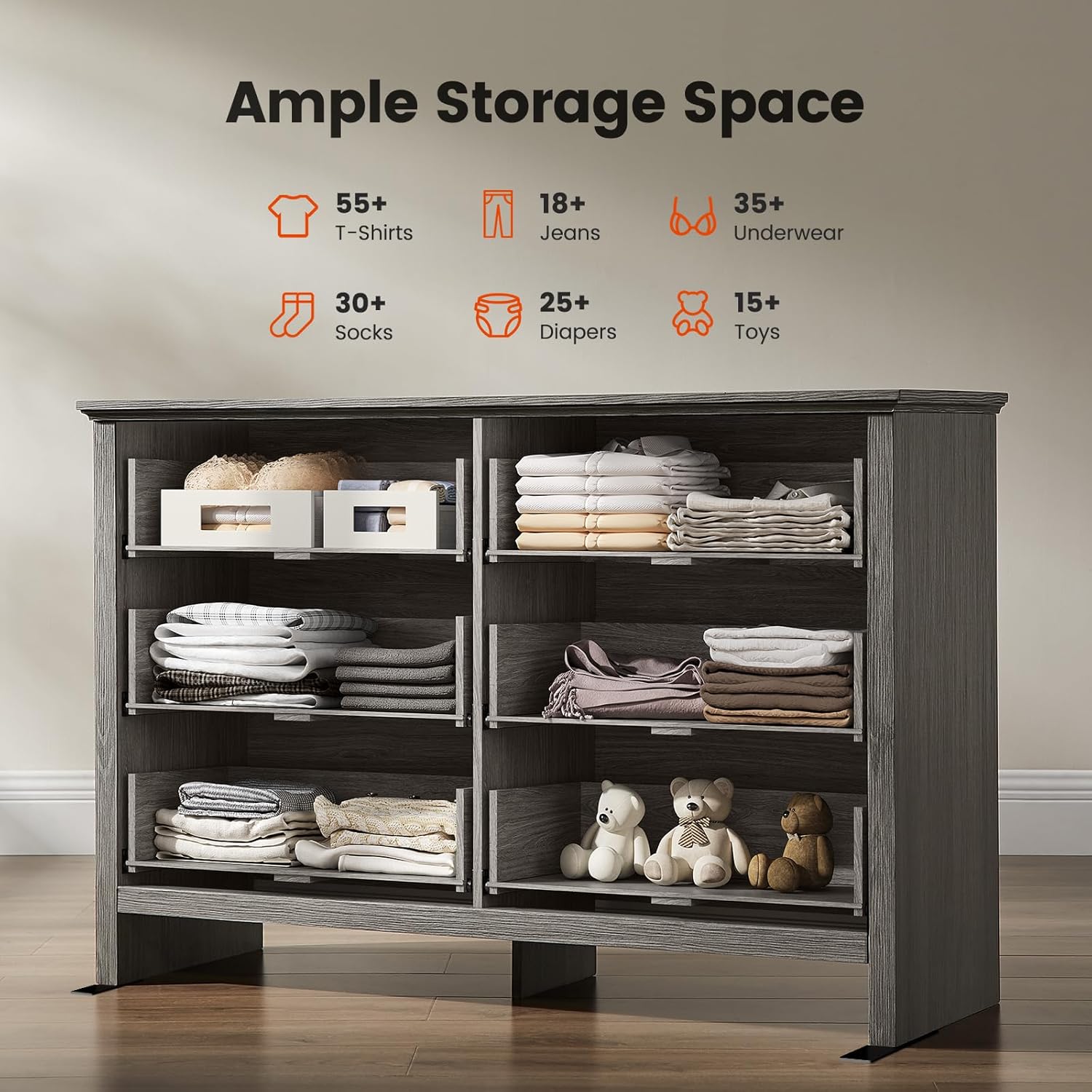 Amada Farmhouse 6 Drawer Dresser for Bedroom, 47.2 Inch Wide Wood Dresser with Natural Texture, Large Drawers, Rustic Farmhouse Chest of Drawers for Bedroom, Living Room, Hallway, Gray