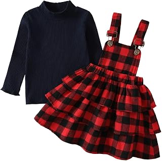 Toddler Baby Girl Christmas Outfits Plaid Overall Skirt Suspender Dress Two Piece Skirt Set Long Sleeve Tops Christmas Party Clothes 12M-5T