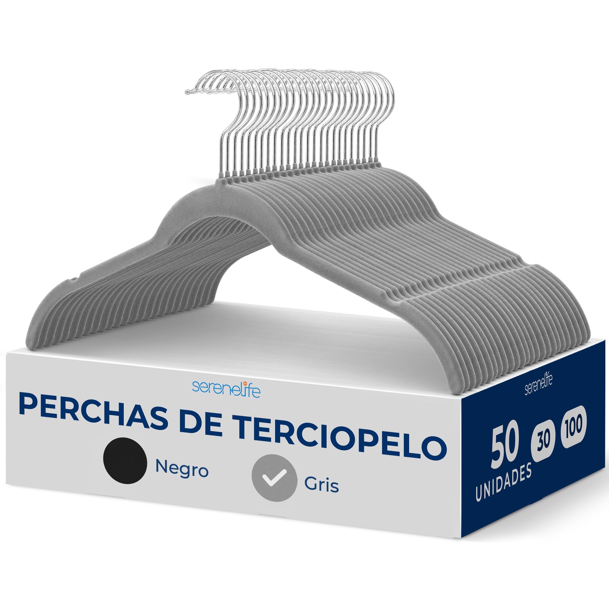 SereneLife Perchas, Ropa, de Terciopelo, Antideslizantes, Finas y Suaves. 50 Piezas, con Gancho Giratorio de 360°