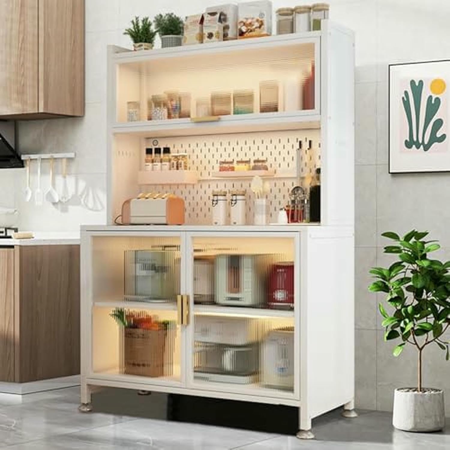 Freestanding Multi-Layer Kitchen Floor Cupboard，Microwave Storage Stand,Kitchen Standing Storage Cabinet, Bakers Racks for Kitchens with Acrylic Door and Adjustable Shelves, with 12 Hooks(Wh