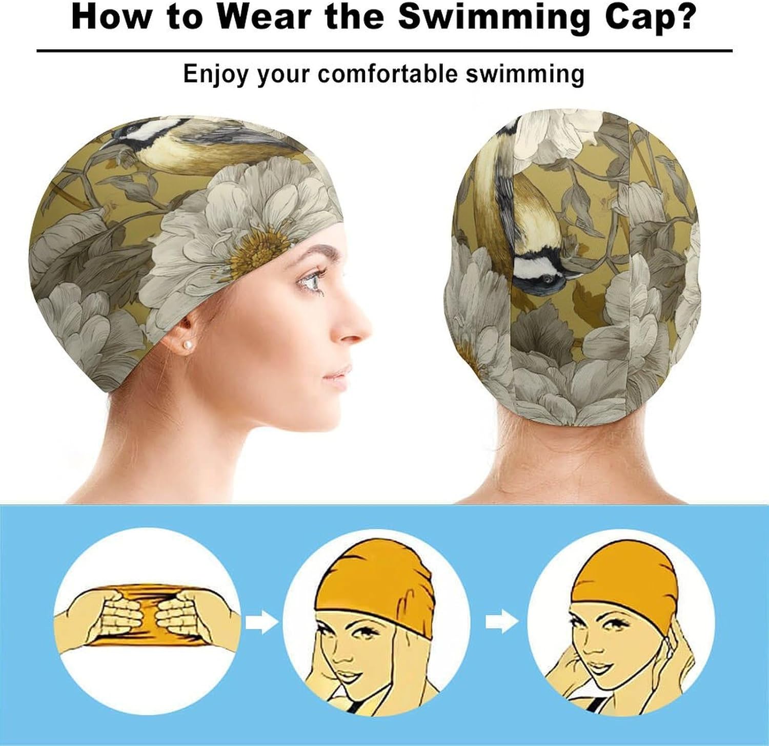 Bird Peony Flowers Womens Swim Cap for Men Adult Swimming Hat Curly Short Medium Long Hair