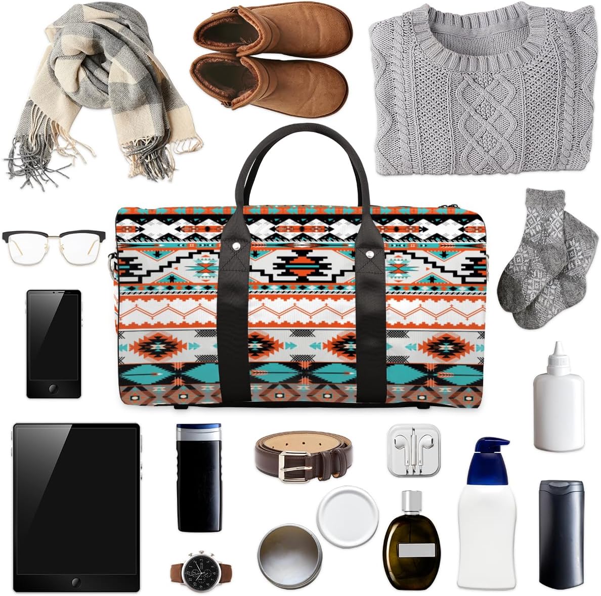 Travel Duffel Bag for Women Men Aztec Western Ethnic Geometry Sport Gym Tote Bag Lightweight Weekender Overnight Bag Workout Bag Waterproof Foldable Carry on Luggage Handbag for Traveling Yoge - Image 5