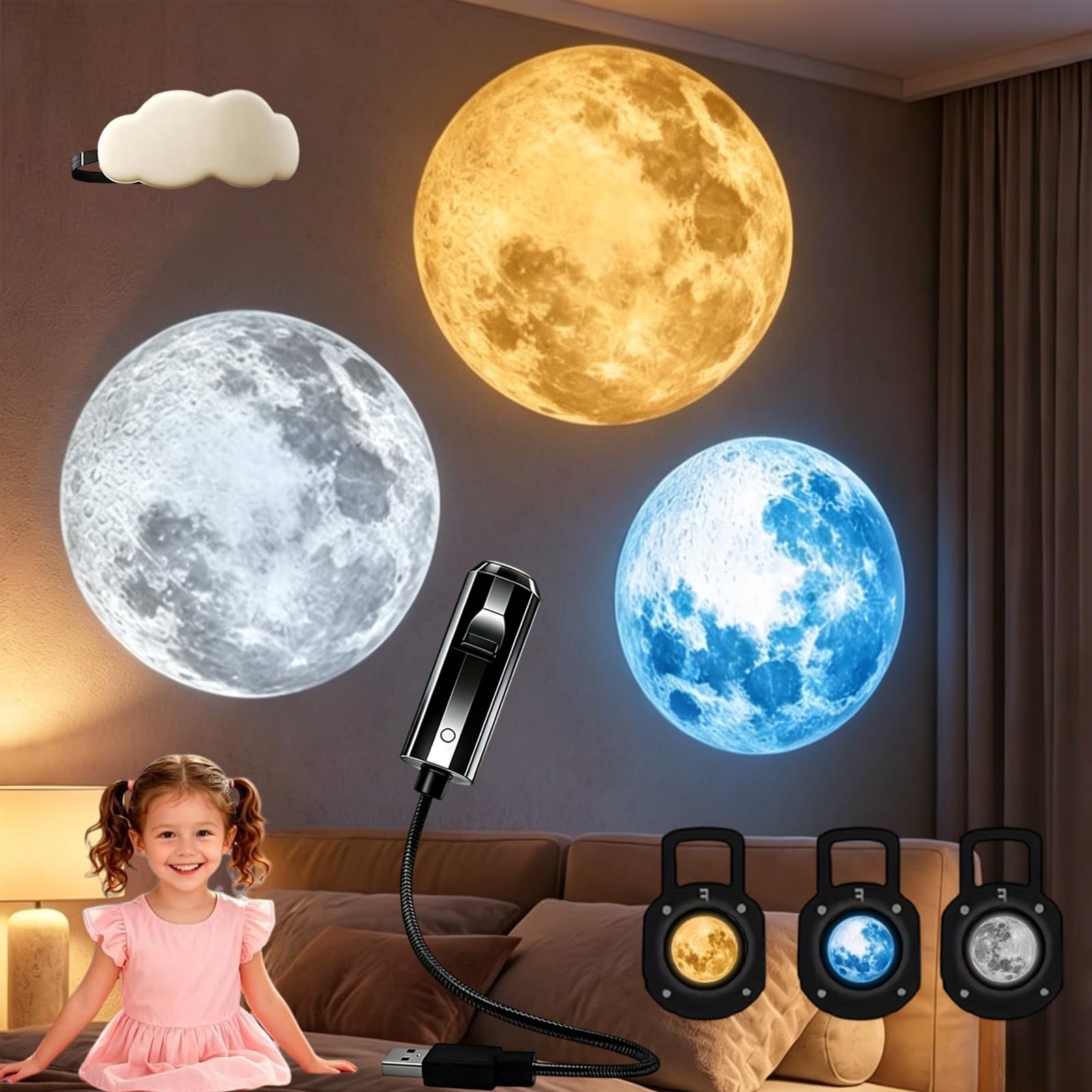 Plug-and-Play HD Star Projector, 360° Rotating USB Galaxy & Moon Projector Night Light, Planetarium Star Projector for Relaxing Meditating Bedroom Kids Room Living Room Ceiling Wall(Moon)
