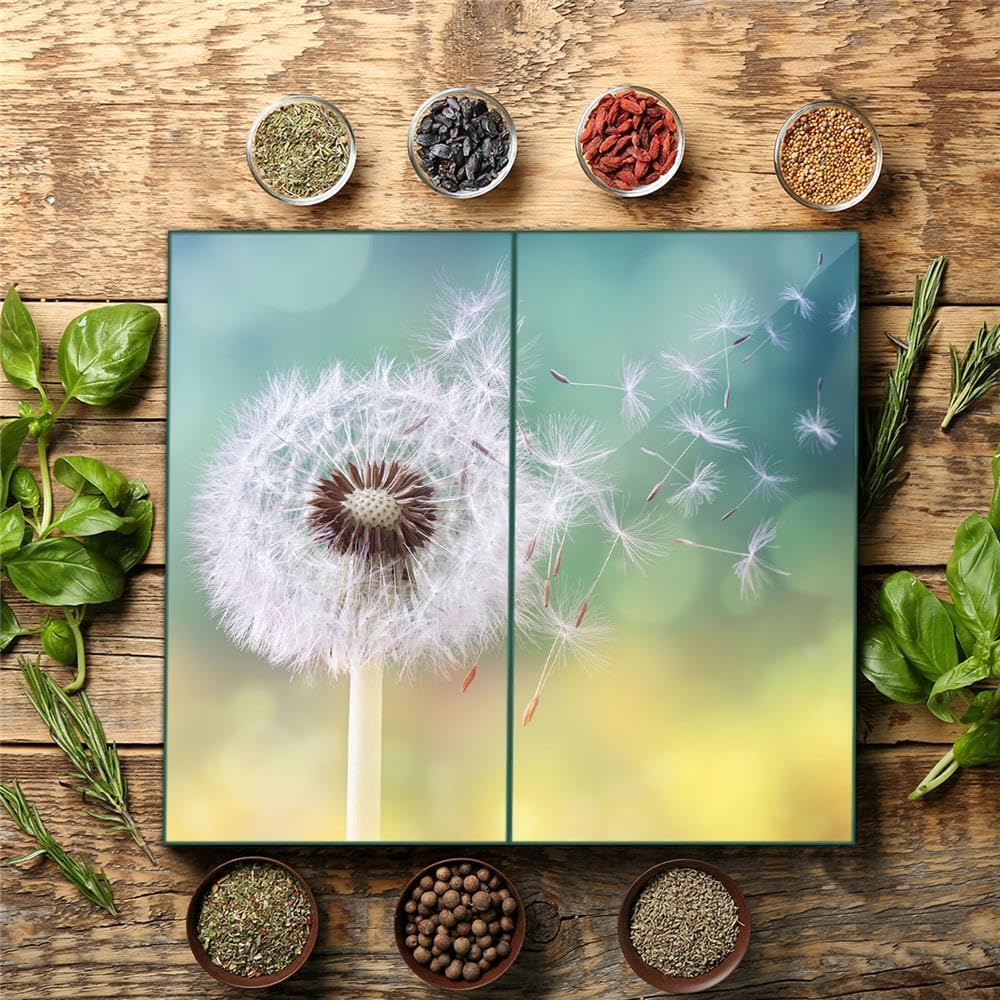 Herdabdeckplatte Abdeckung Ceranfeld Abdeckplatte Schneidebrett 2-Teilig 60x52 Pusteblume Weiss Mehrfarbig Spritzschutz Glasplatte Ceranfeldabdeckung Sicherheitsglas Glasschneidebrett 2x30x52