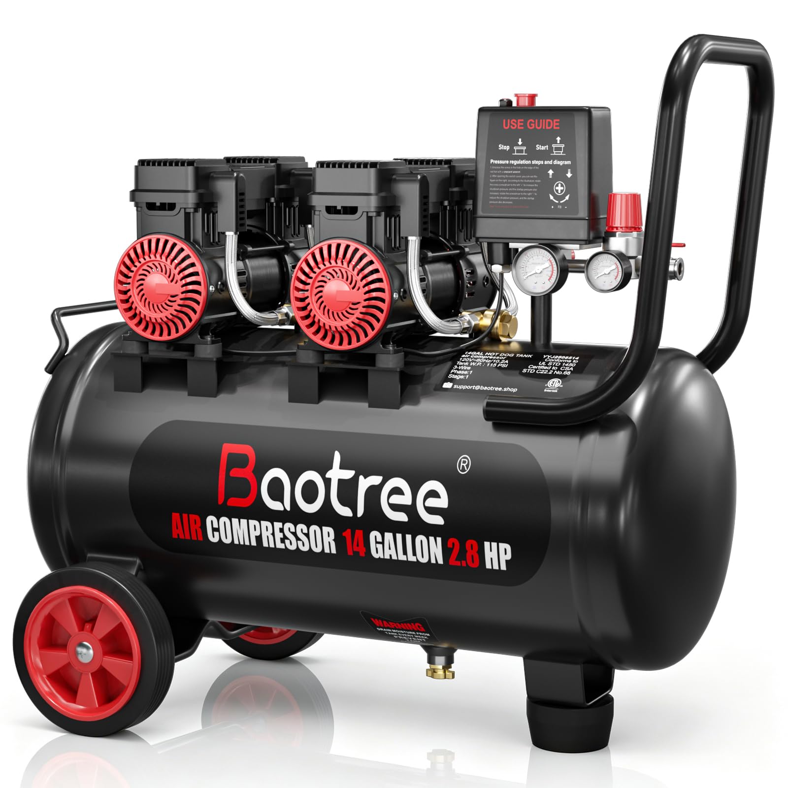 14 Gallon Ultra Quiet Air Compressor with Two Quick Couplers, 2.8HP MAX 115PSI Oil-Free Air Compressor Steel Tanks, 70dB Air Compressor with Wheels for Spray Painting, Auto Repair, Woodwork Nailing