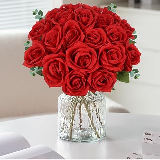 20PCS Artificial Roses with Long Stems - Realistic Silk Flowers, Fake Roses Real Touch Bouquet of Roses for Home Decor, Bridal Wedding Party Table Centerpieces, Bulk Faux Rose Flowers (Red)