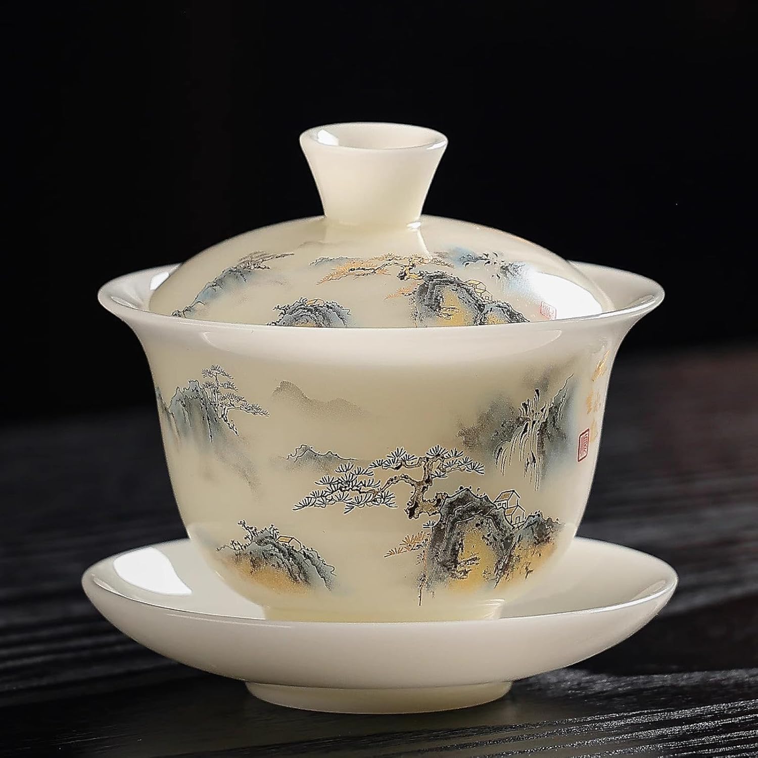 Ancient Style Beige Ceramic Gaiwan Tea Cup, 160ml 5.4oz, Handmade Heat Resistant Kungfu Tea Set