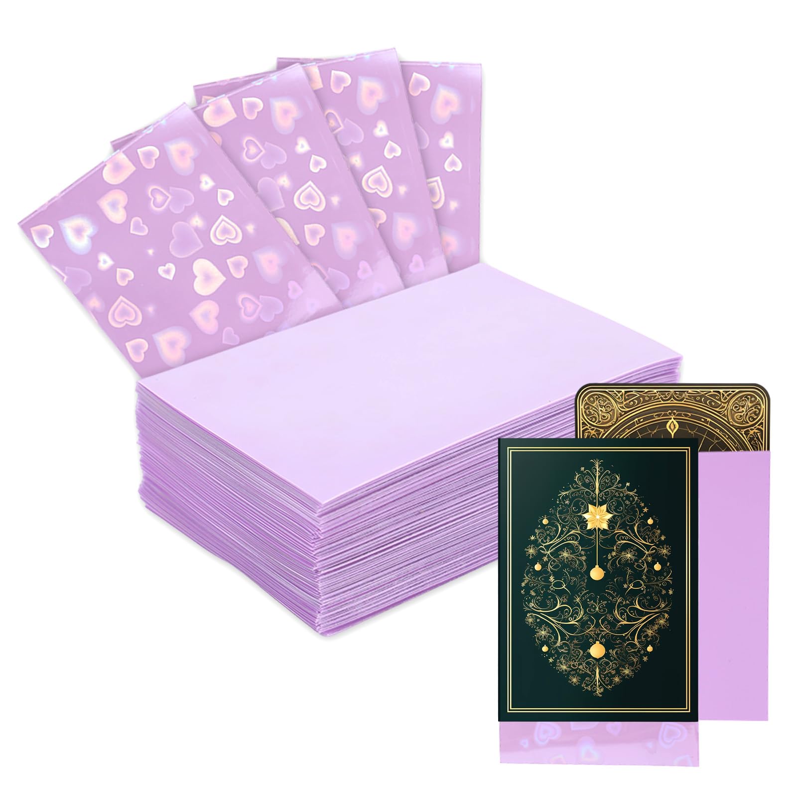 100pcs Holographic Colors Card Sleeves, 3.58x2.6in/91x66mm Colored Heart-Shaped Flashing Trading Card Sleeves for Mini Polaroid Photocard Collectible Protection(Purple) — image 1