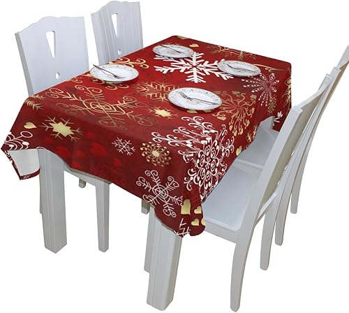 Miniatura 5 de Naanle Mantel rectangular de Navidad de 54 pulgadas de ancho x 72 pulgadas de largo, diseño de copos de nieve rojos y dorados de Navidad, mantel
