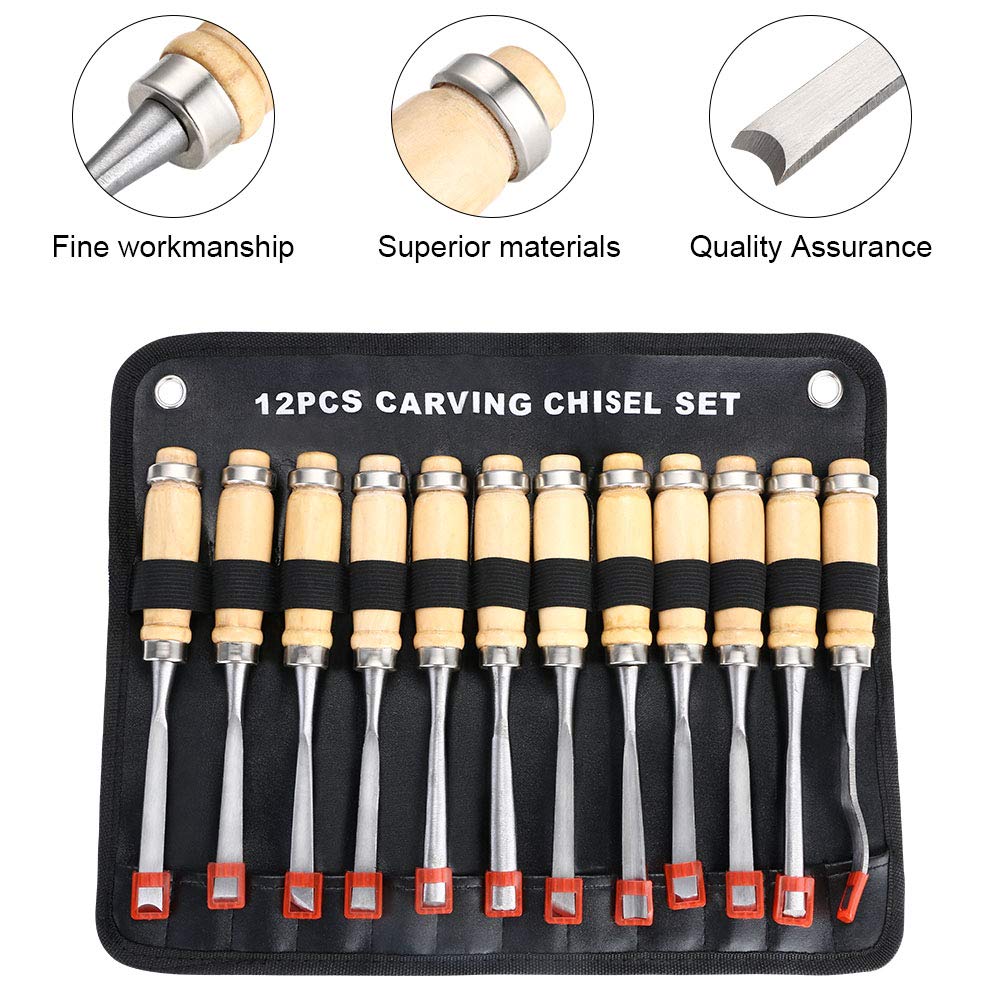 flintronic Ciseaux a Bois, 12PCS Outil de Gravure Bois Kit, Décapage Couteau Sculpture sur Bois avec Manche en Bois et Moulinet, pour Débutants, Sculpteur, Charpentier, Amateur(4 Pierre à Aiguiser)