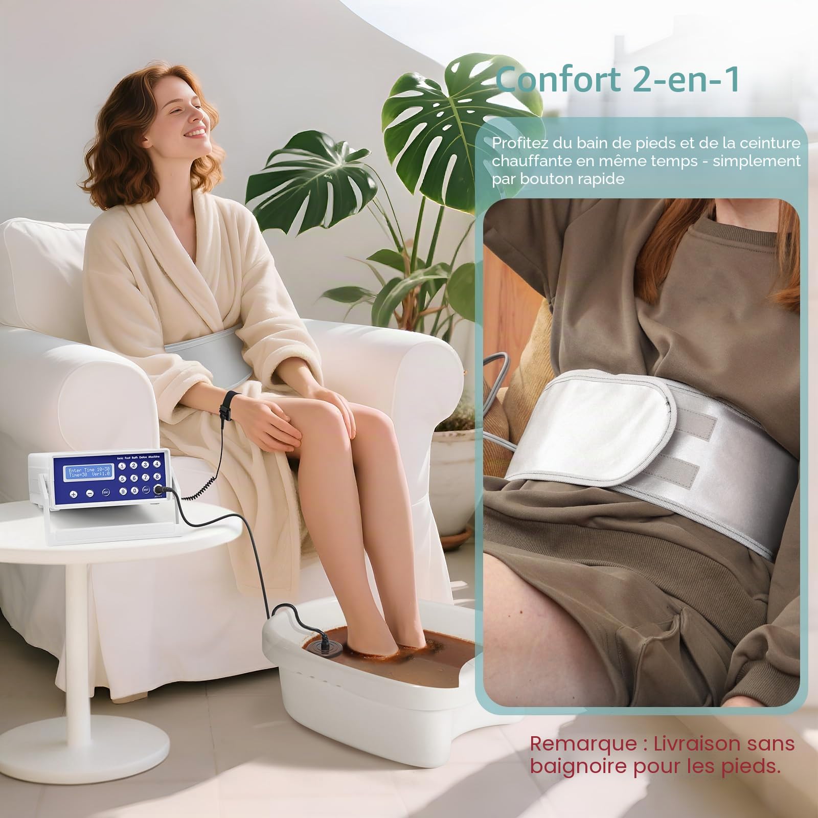 Bain de pieds ionique détox dans une mallette en aluminium, bain de pieds détox avec ceinture abdominale infrarouge, amélioration de la circulation sanguine et du sommeil (sans bassin)