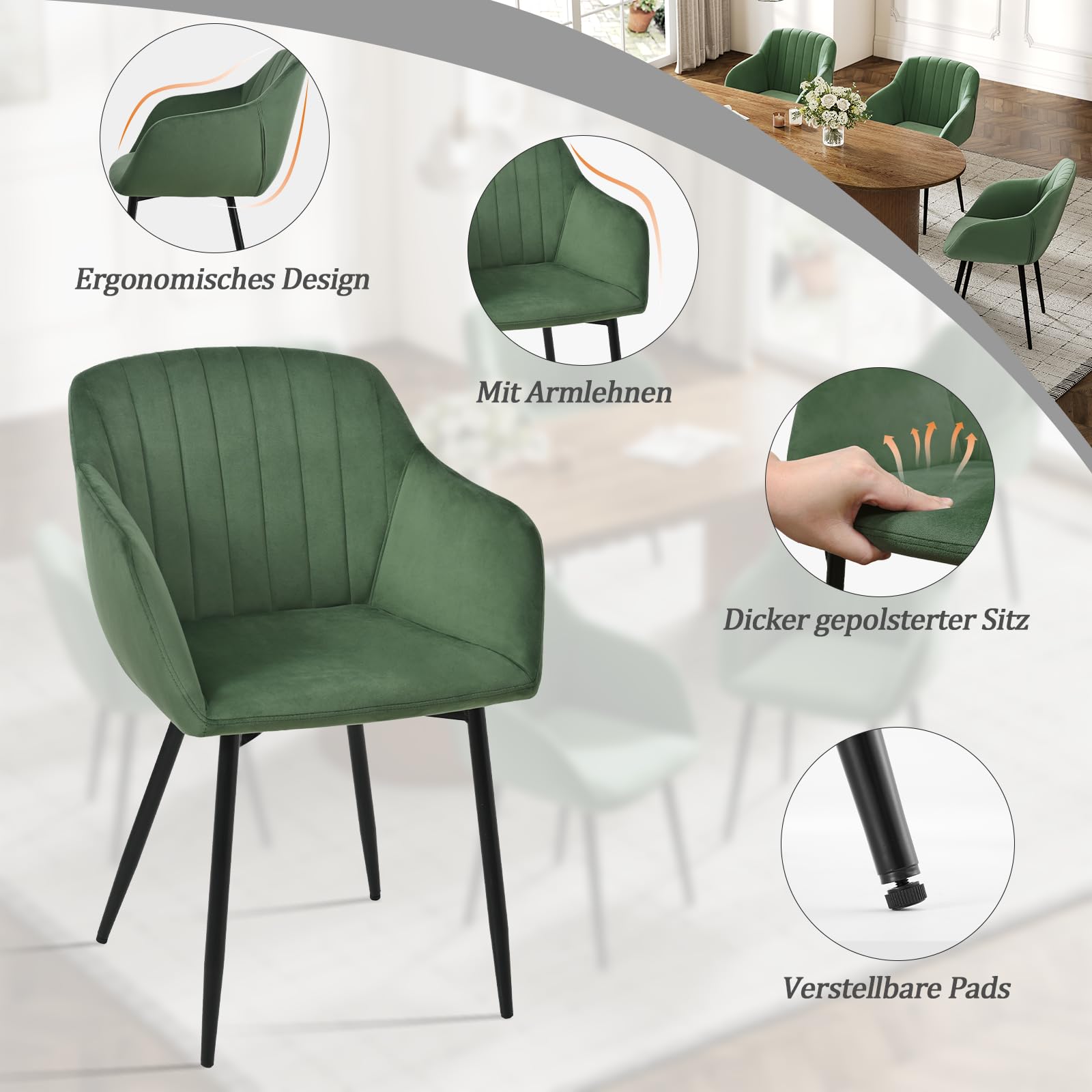 Lot De 8 Chaises De Salle à Manger Vert Foncé Velours Avec Dossier Pieds En Noir 90780028