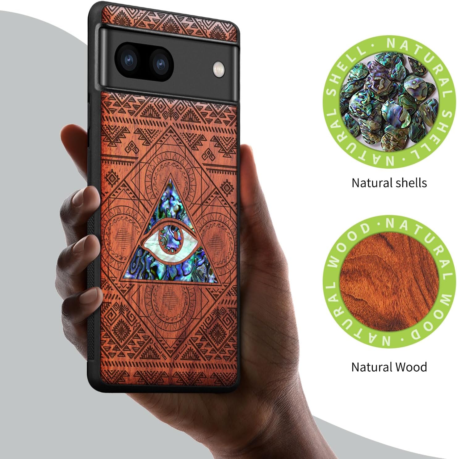 Carveit Designer Wooden Case for Google Pixel 8 Case Protective Cover [Wood Engraving & Shell Inlay] Compatible with Wireless Chargers Pixel 8 (All-Seeing Eye-Rosy)