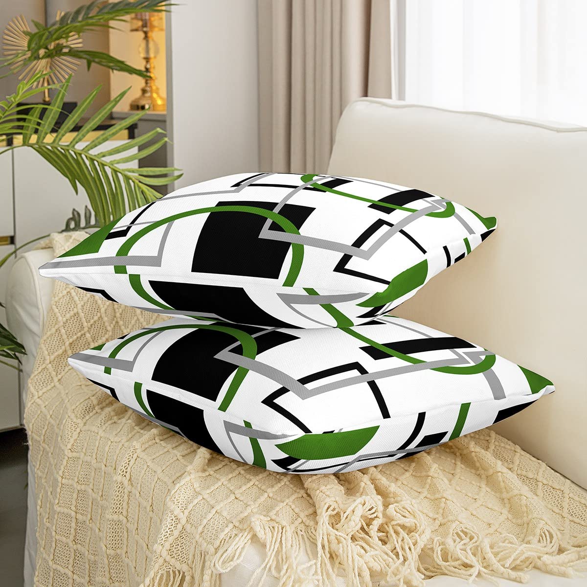 Juego de 4 fundas de almohada reversibles a cuadros geométricos verdes y negros para decoración del hogar para líneas de rayas cuadradas, juego de 4 fundas de cojín de arte moderno de 18 x 18 pulgadas
